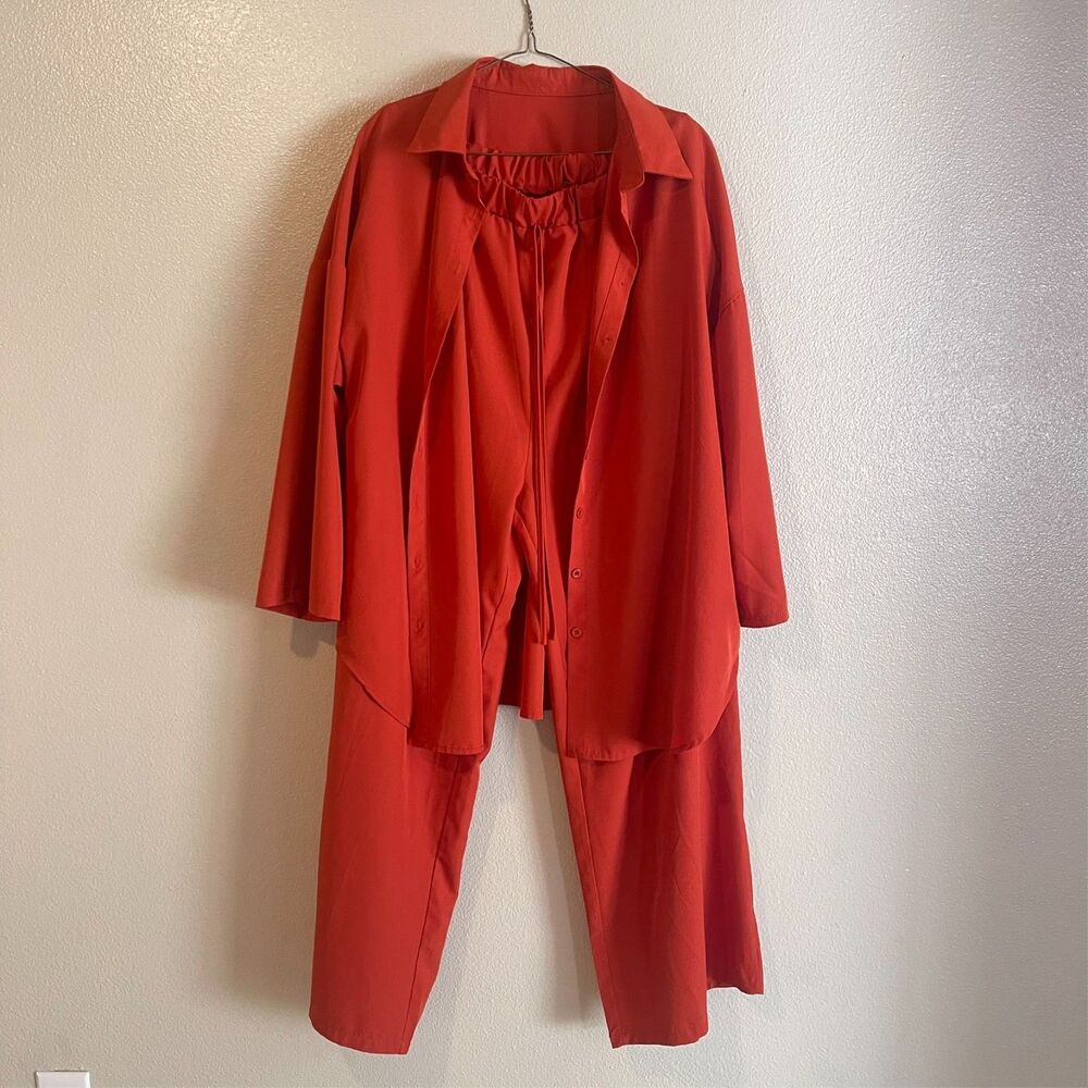 Women's Rust Orange 2 Piece Set Bell Sleeve Tunic Wide Leg Pants XXL Boho Chic
